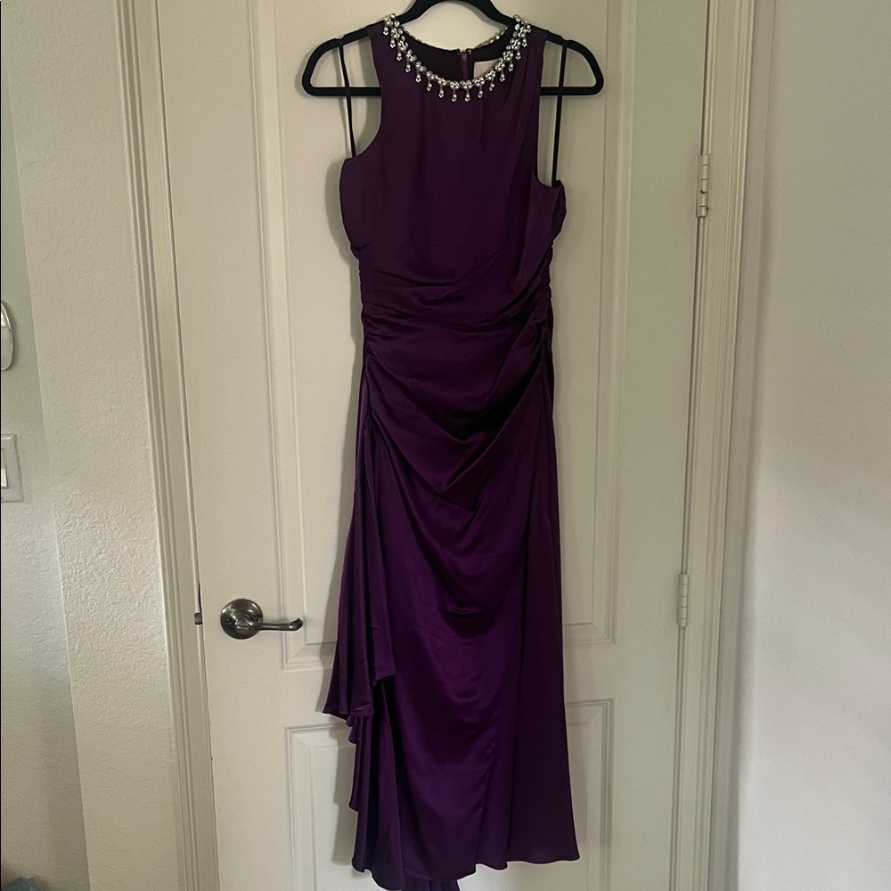 NWT Cinq a Sept Elegant Elderberry silk ruched gown with pearl and rhinestone
